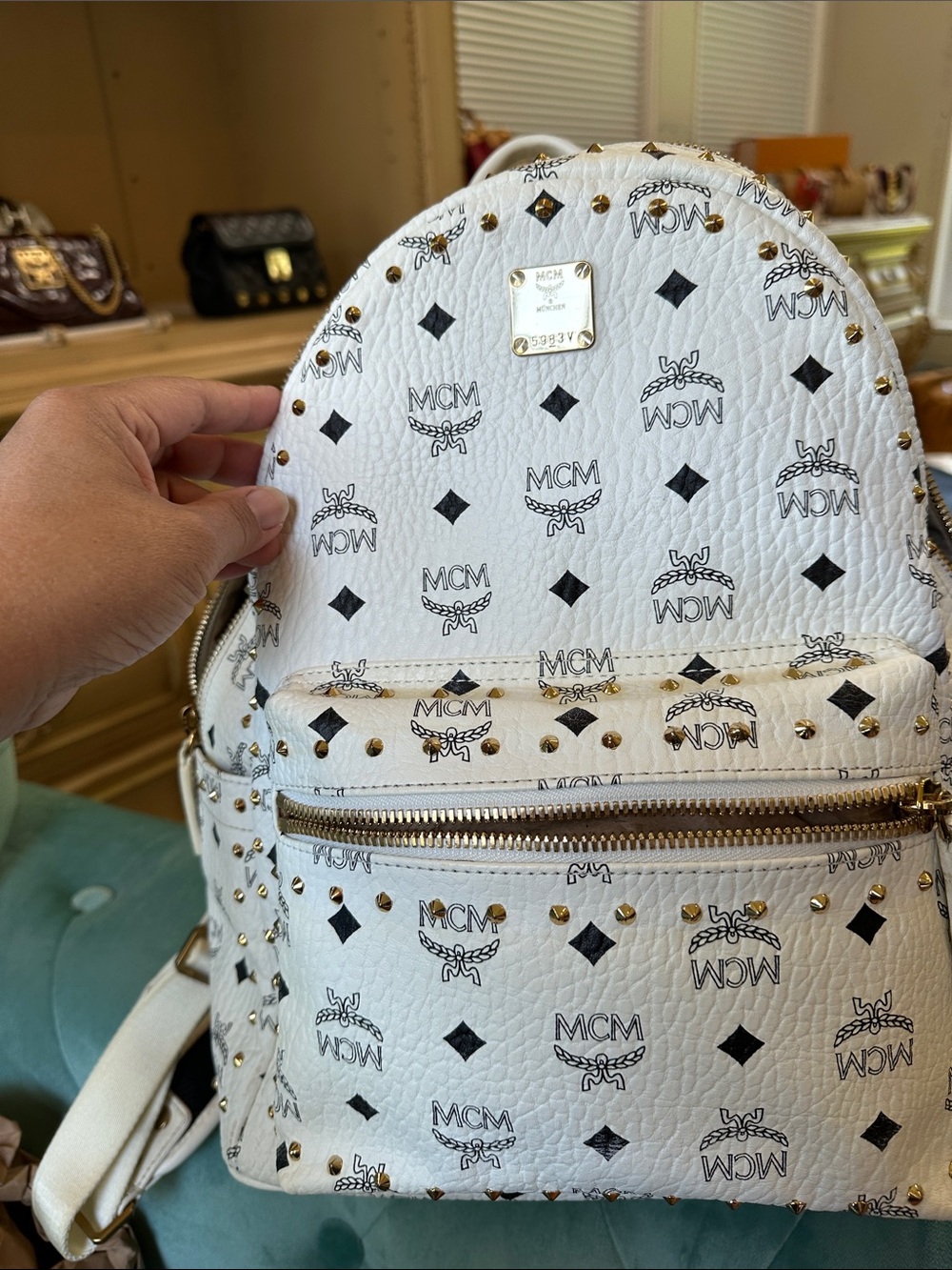 MCM White Visetos Gold-Stud Mini Backpack